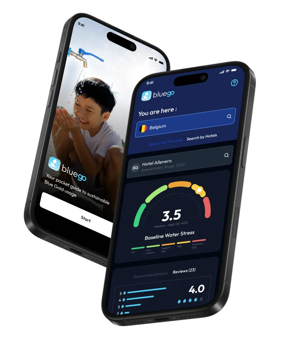 Official BlueGo app: location, hotel search and water stress